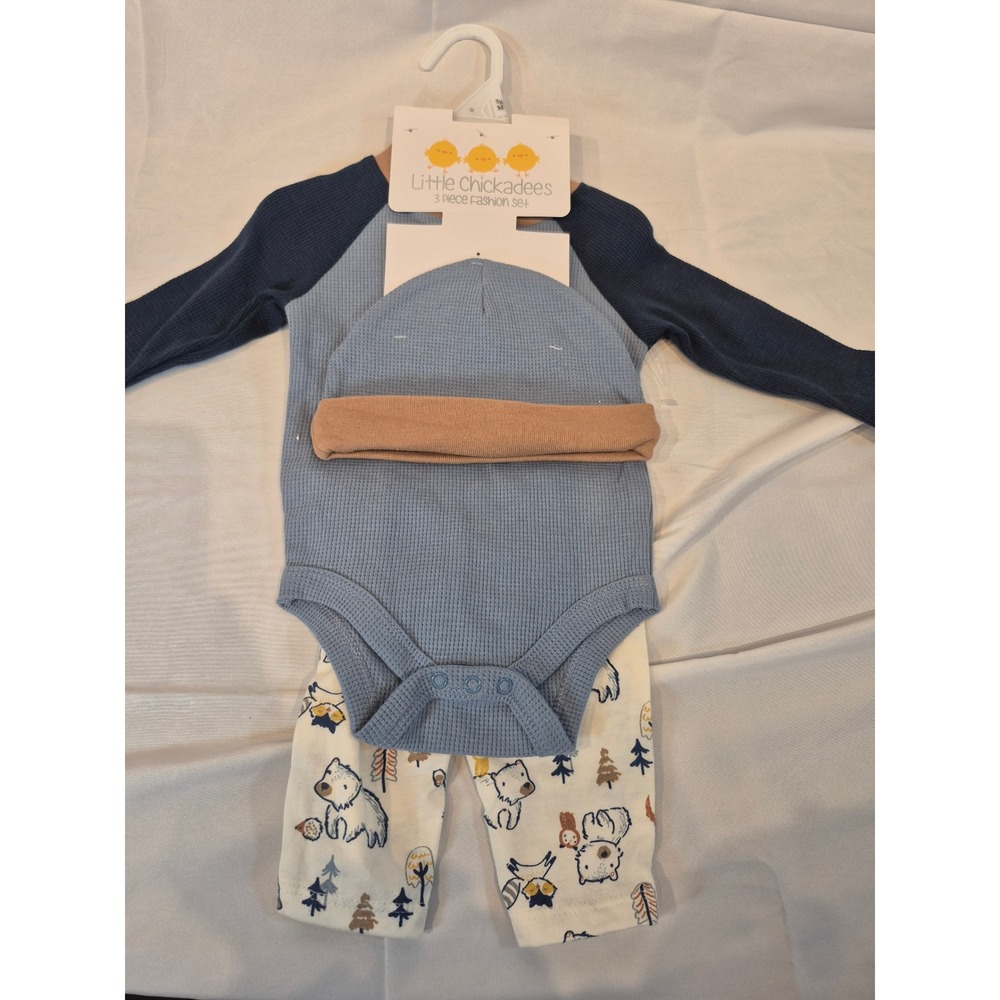 Little Chickadees Baby Boy 3‎ Piece Waffle Knit Bodysuit Pants Beanie set 3-6M